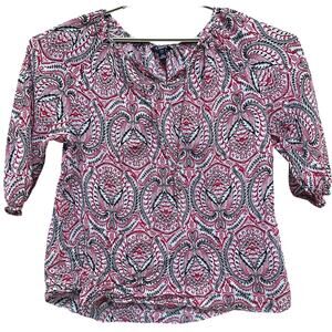 Chaps Womens Boho Peasant Top Size L Red White Black Paisley Bohemian Chic